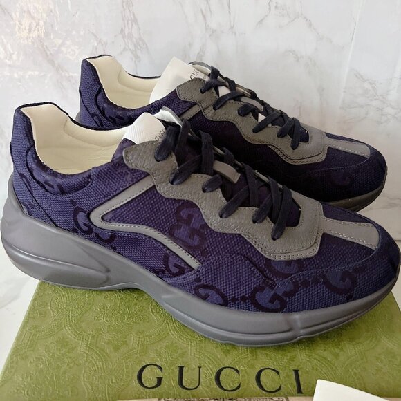 Gucci Rython GG Logo Monogram Mens Sneaker Blue Canvas Leather UK 10/ US 10.5 - Picture 4 of 13